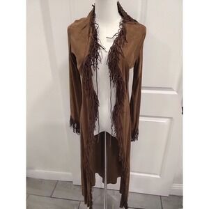 True Light Brown Suede Fringe Duster Cardigan Jacket Women M